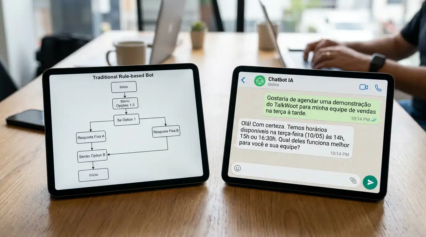 Comparação visual entre chatbot tradicional por regras e chatbot para whatsapp com ia generativa